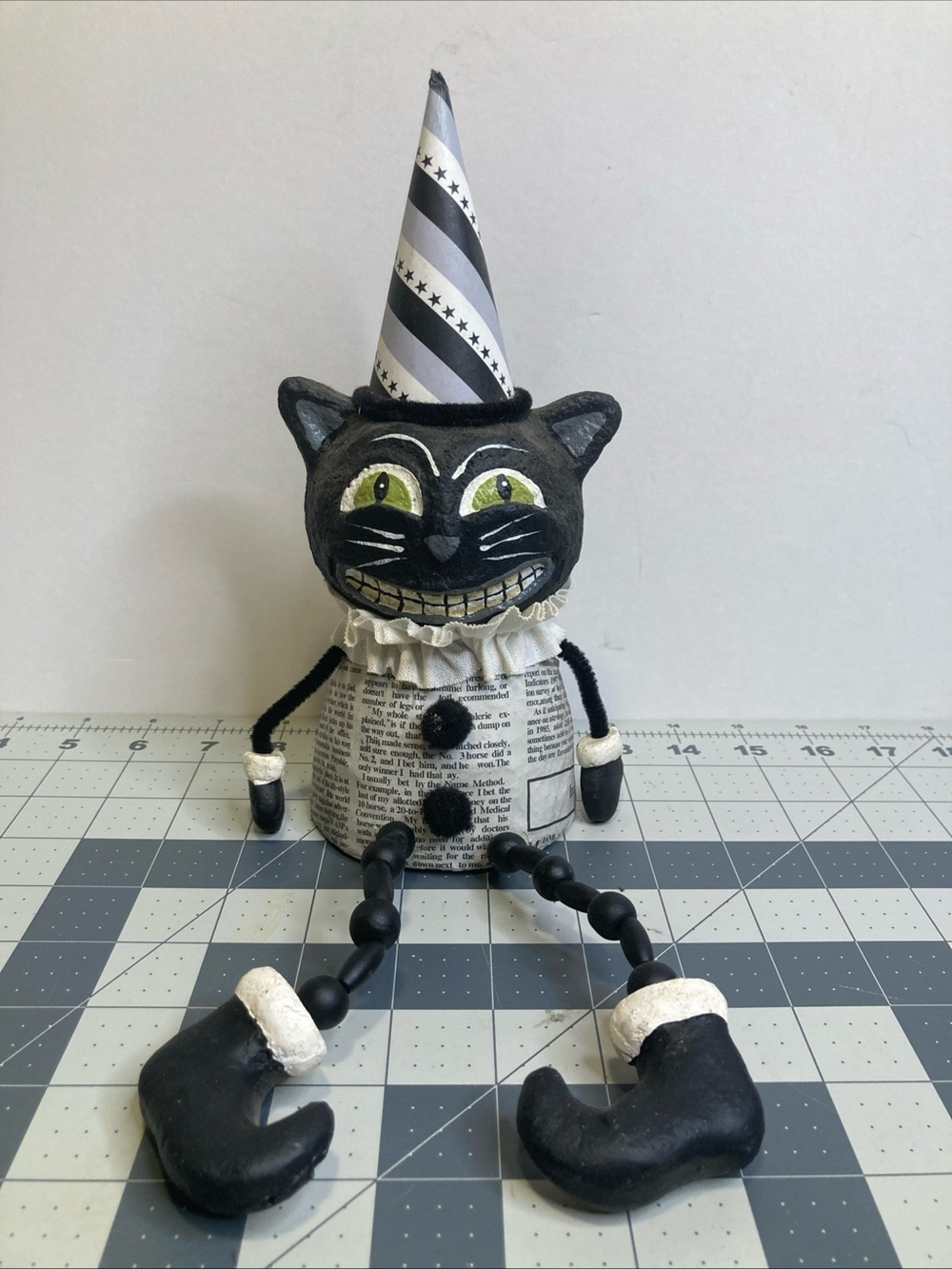 Black Cat Vintage Folk Art Style Halloween Figurine Top Hat Decor Paper Mache